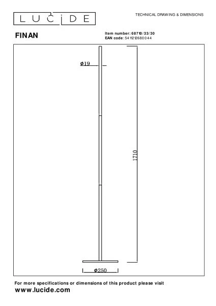 Lucide FINAN - Lampadaire - LED 3 StepDim - 1x32W 2700K - Noir - technique